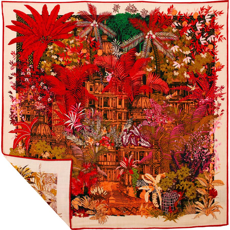 Carré en laine et soie - Le temple oublié - carmin – Image 3