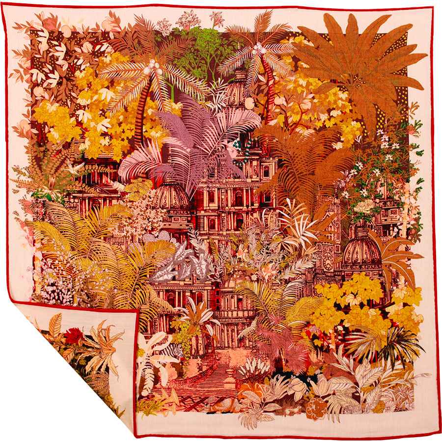 Carré en laine et soie - Le temple oublié - carmin – Image 2